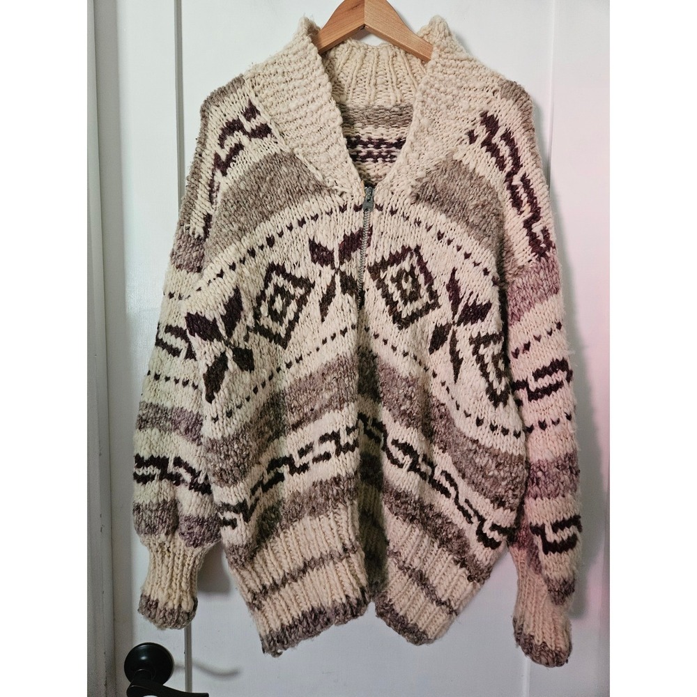 Vintage 1960s Canadian Cowichan Style Wool Sweater Chunky Knit Lightning LF Zip